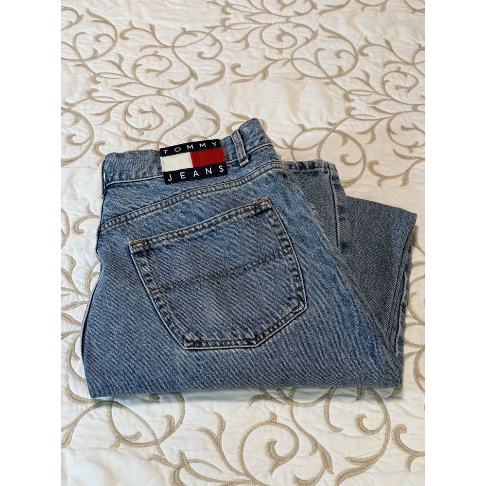 Vintage Tommy Jeans Mens 36x34 Light Wash Straight Leg Denim Jeans USA Flag Logo